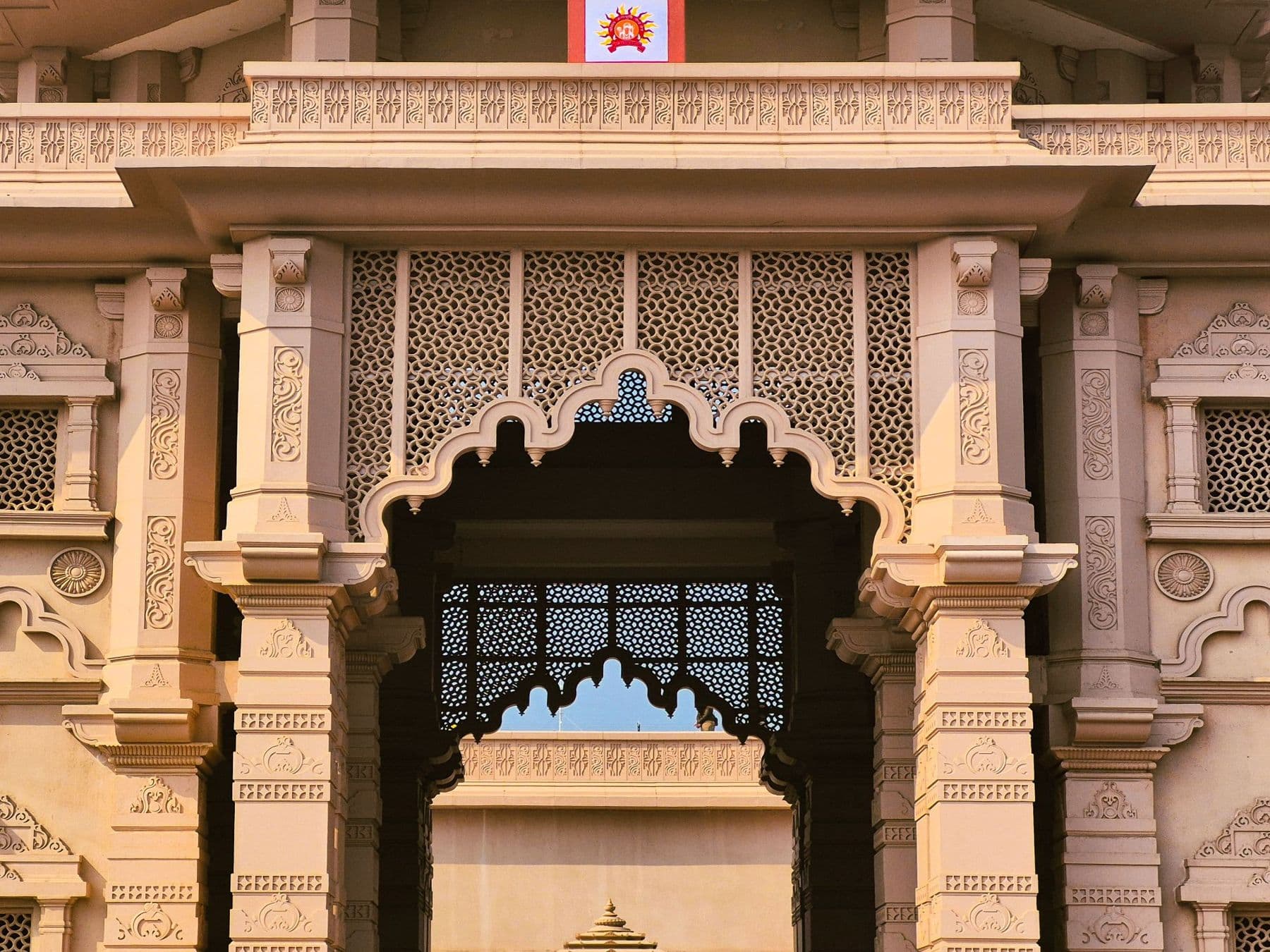 Carved sandstone temple facade in Ayodhya
