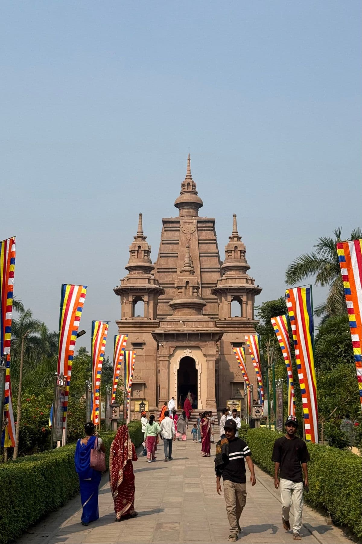 Temple entrance with prayer flags at Sarnath