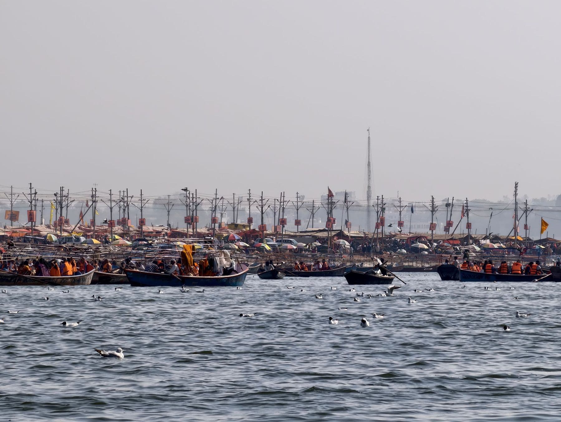Boats and flags at the Sangam in Prayagraj